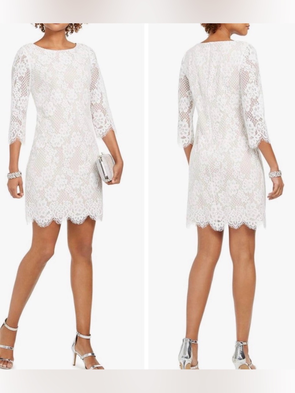 Jessica Howard White Lace Nude Lined 3/4 Sleeve Sheath Cocktail Dress Size 8